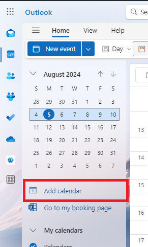 Outlook with "Add calendar" button highlighted